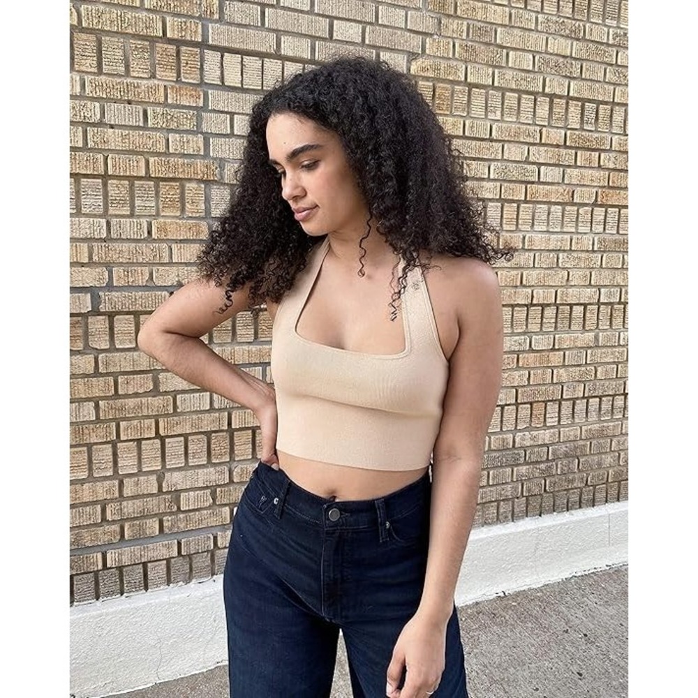 Luxe Ribbed Halter Crop Top XS Beige Viscose Blend NWT Fitted Square Neck - Picture 2 of 5